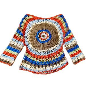 Atmosphere Boho Crochet Long Sleeve Hippie Earthy Top Womens Size S/M ☮️✌️